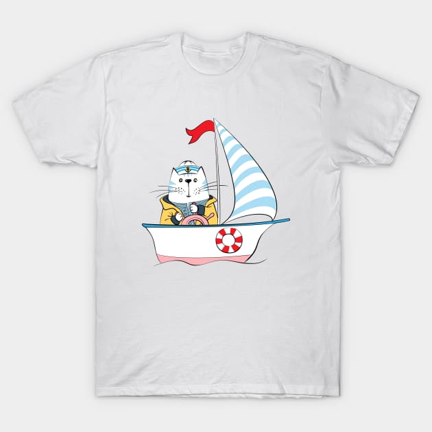 vector cat captain on the ship T-Shirt by kavalenkava